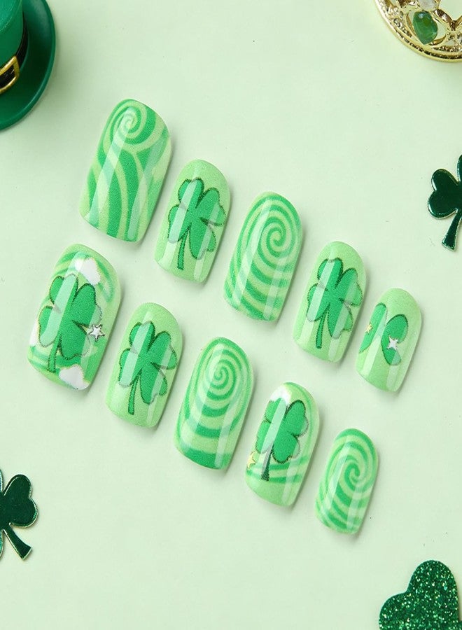 OSTTMA 24Pcs St. Patrick's Day Press on Nails Shamrock Fake Nails Short Square Acrylic Nail with Clover Vortex Cloud Designs Glossy Green Shamrocks Glue on Nails Full Cover Artificial Nail for Women - Image 3